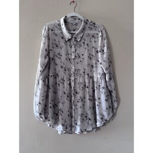 See and Be Seen Ivory Floral Long Sleeve Button Down, High/Low Size Large EUC